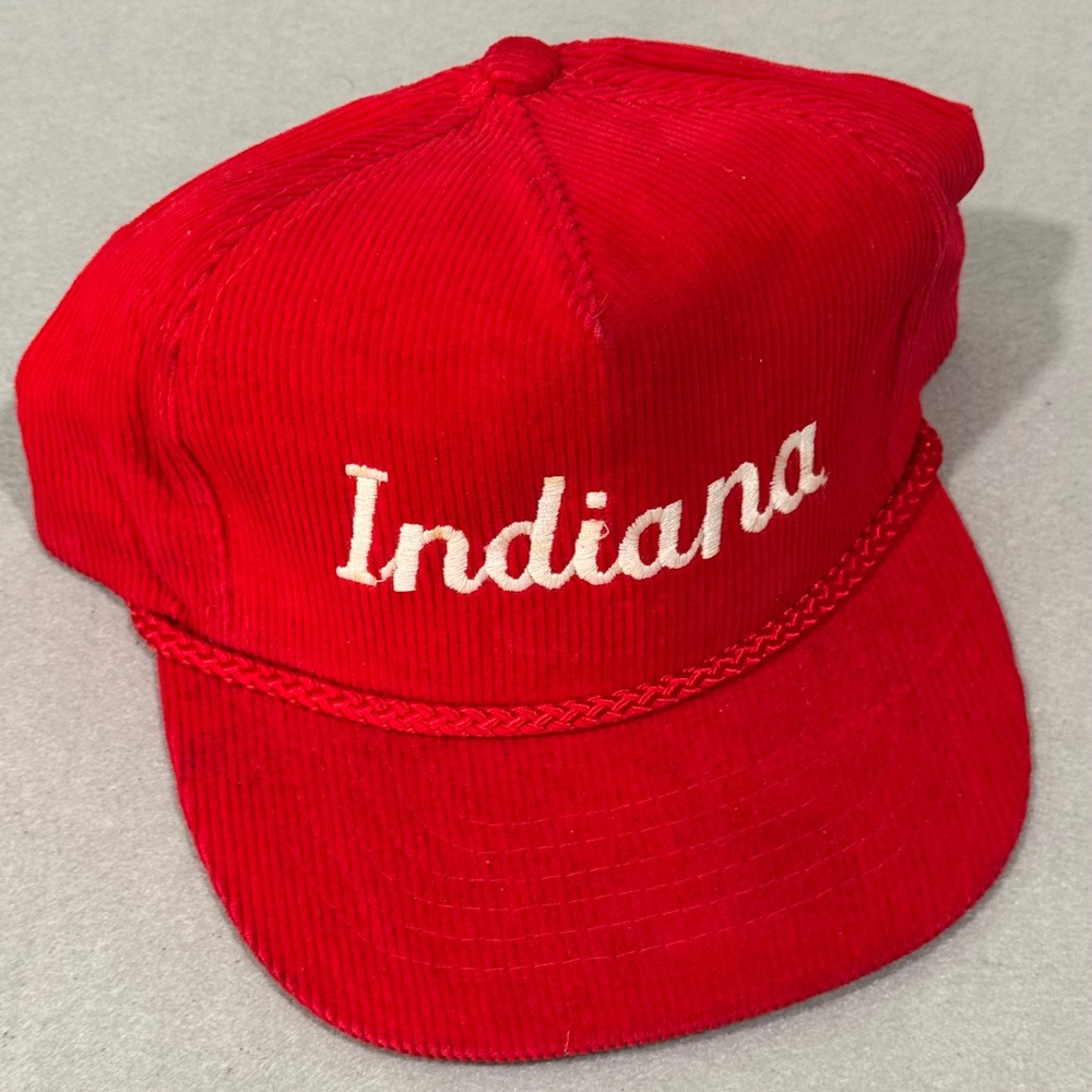 Calhead Indiana Hat Mens Red Corduroy Vintage Script Rope Snapback Cap